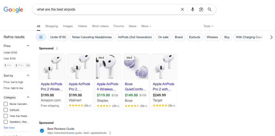 Google Search Queries Screenshot of a search query for "the best airpods to buy" with search result links and photos to products