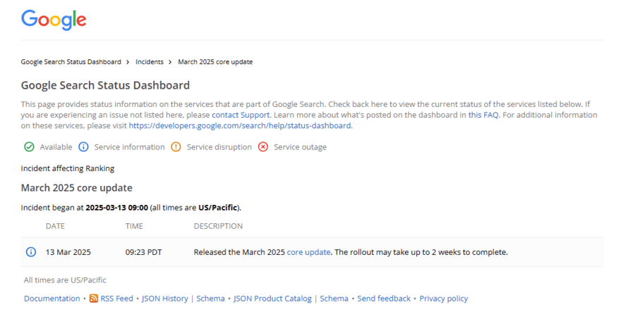Google Search Status Dashboard update showing the start of the March core update