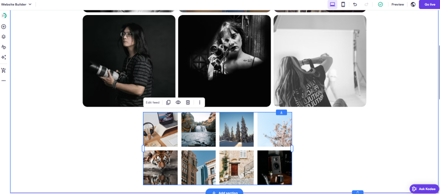 Hostinger Adding Instagram Photos A grid of various images showcasing photography and nature, along with a workspace featuring a laptop and desk setup.