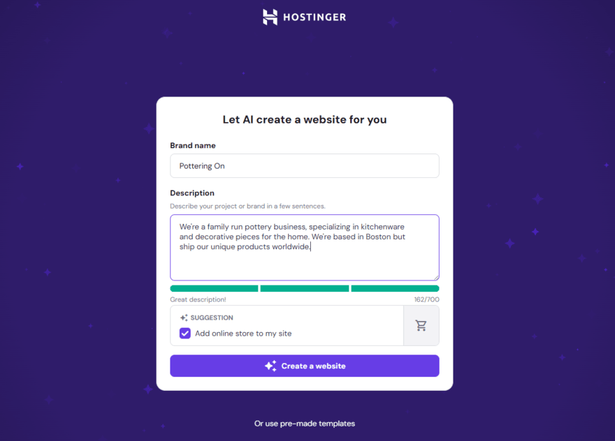 Hostinger AI builder (1) Hostinger's AI builder prompt form