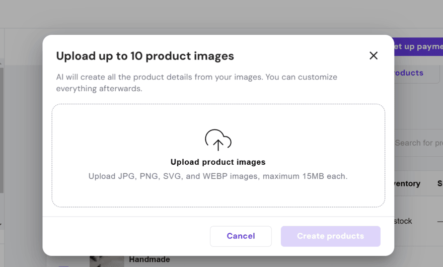 Hostinger AI product generator Hostinger's AI product generator pop up for uploading product images