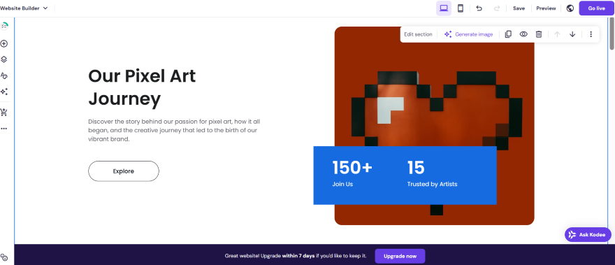Hostinger AI Section Generator Screenshot of an "About us" section of a website with a heading and pixel art image of a heart