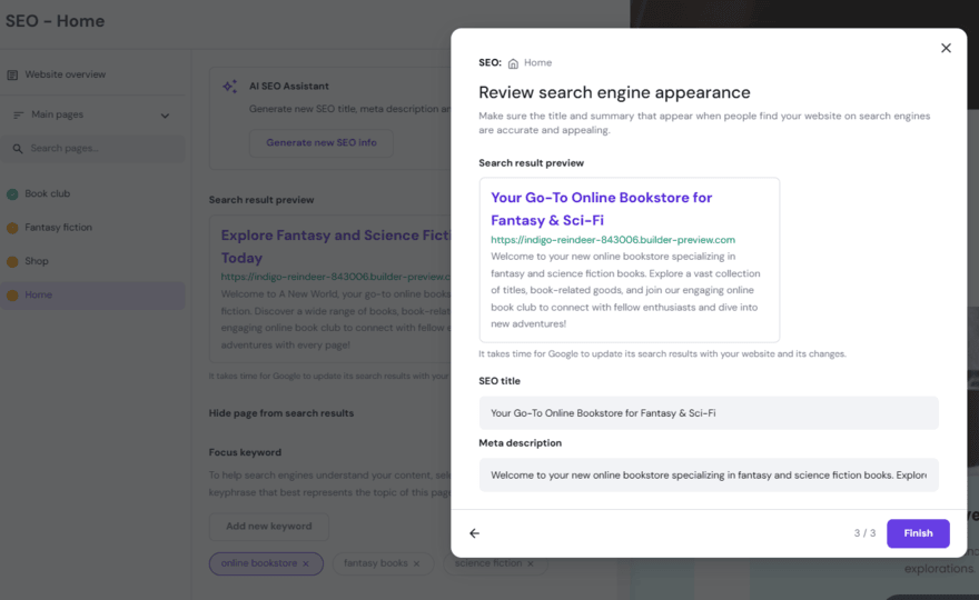 Hostinger AI SEO Assistant Hostinger's AI SEO Assistant offering advice on metadata