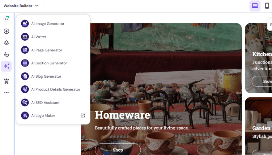 Hostinger AI tools Hostinger's AI tools listed in the website editor