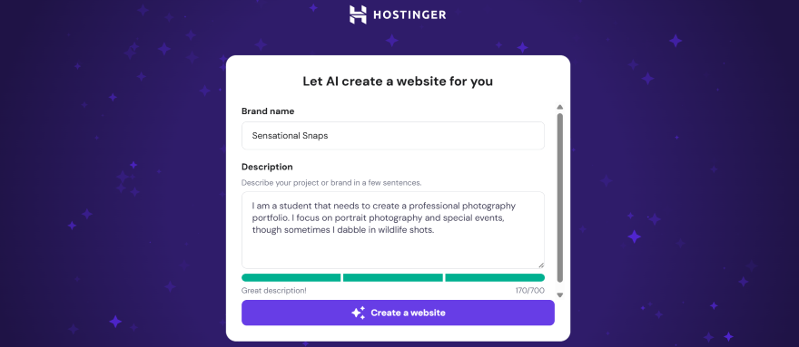 Hostinger AI Website builder prompt Screenshot of Hostinger website builder interface, showing input fields for brand name and project description for a photography portfolio.