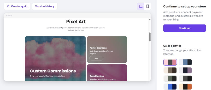 Hostinger Pixel Art Page Screenshot of a pixel art website interface featuring sections for custom commissions, pastel creations, and booking consultations.