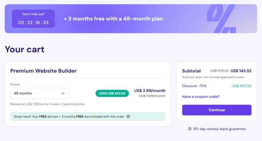 Hostinger pricing Checkout page for Hostinger's Premium Website Builder plan
