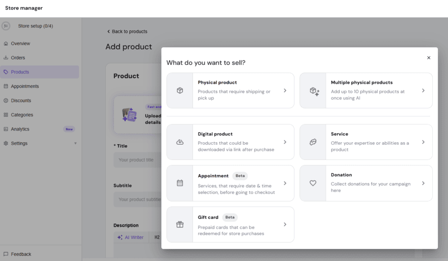 Hostinger product setup Product options when adding a new product in Hostinger