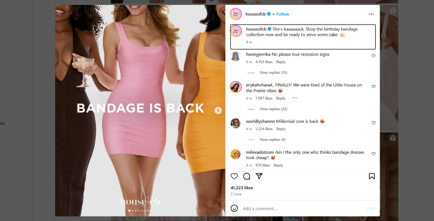 House of CB intro post Three women of diverse backgrounds model colorful bandage dresses, with a caption declaring "Bandage is Back" and promoting a new collection.