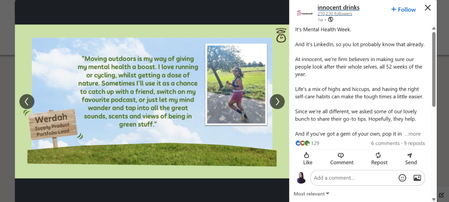 Innocent Drinks LinkedIn B2C Screenshot of a Innocent Smoothies LinkedIn post with a quote and portrait image for Mental Health Week