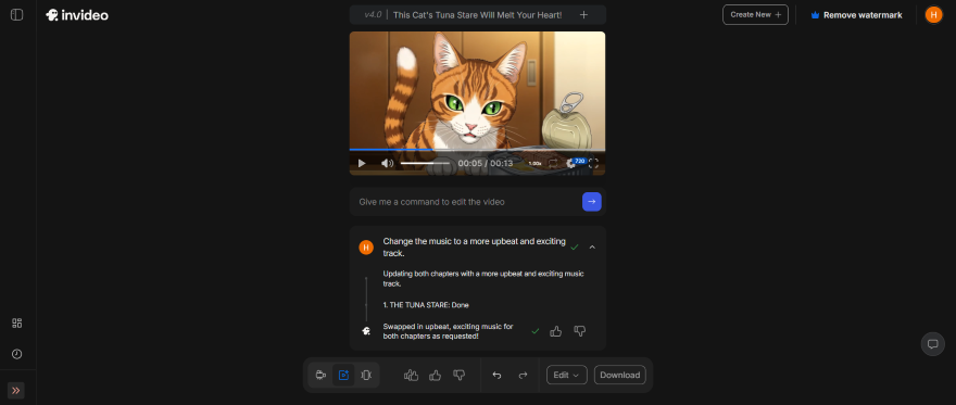 InVideo Editing Generated Video An animated orange cat with green eyes stares at a can of tuna, conveying a sense of curiosity and excitement.