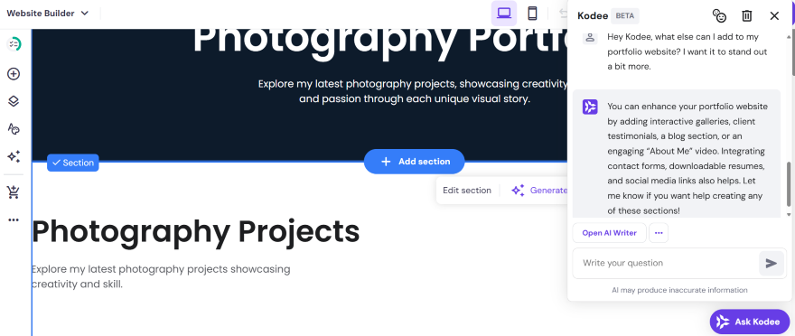 Kodee Hostinger Portfolio Website Screenshot of a website builder interface featuring a "Photography Projects" section with tips from an AI assistant for enhancing a portfolio.