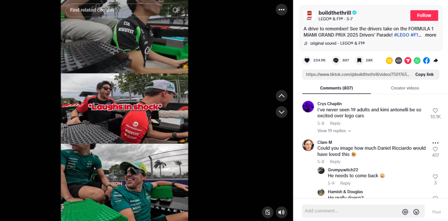 TikTok video screenshot of a group of Formula 1 drivers enjoying a colorful LEGO-themed event, showcasing excitement and camaraderie during a parade.