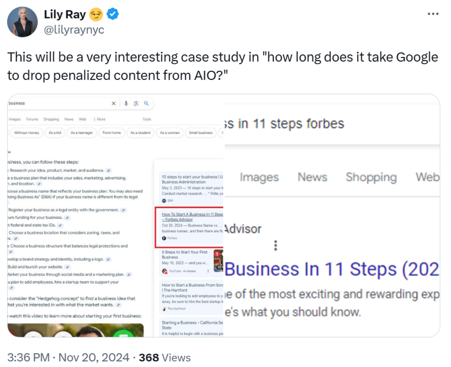Post by Lily Ray on X about Forbes Advisor appearing in AI Overviews