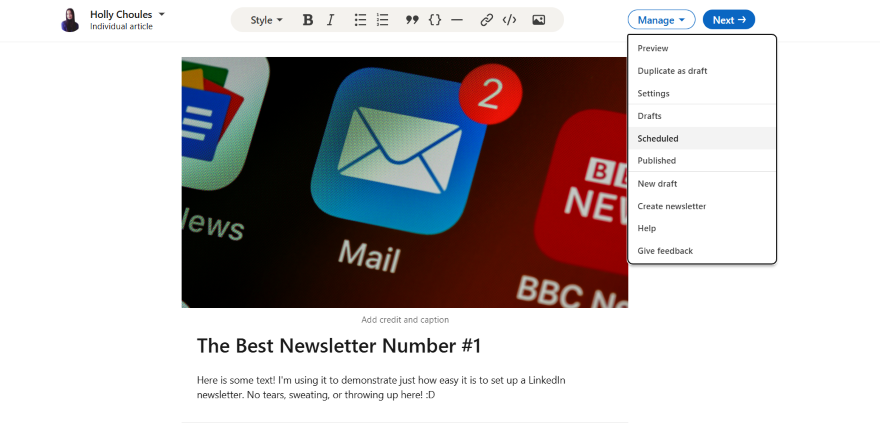 LinkedIn Creating a Newsletter Screenshot of the editing page for a LinkedIn newsletter with photo, a header, and text