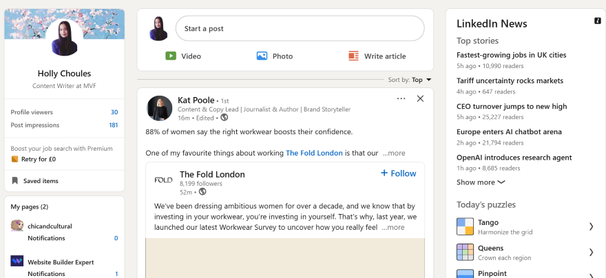LinkedIn Newsletter Write a Post Screenshot of the LinkedIn homepage with the bar to create a post