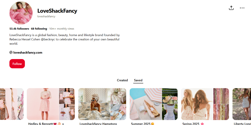 LoveShackFancy Pinterest Visuals Screenshot of LoveShackFancy Pinterest account showcasing pastel product imagery