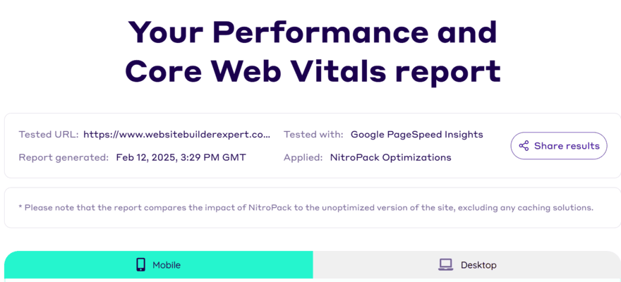 NitroPack technical SEO report Performance and core web vitals report from NitroPack