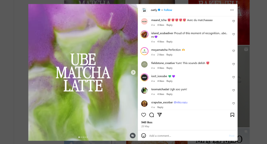 Oatly Drink Product Photo Closeup Closeup Instagram image of a purple and green drink with on-image text "ube matcha latte"