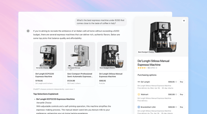 OpenAI ChatGPT shopping features OpenAI ChatGPT shopping features, showing a conversation and product information for coffee machines