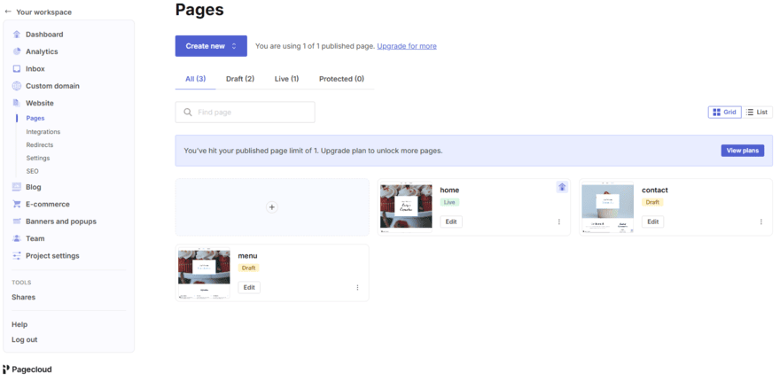 Pagecloud page limit Pagecloud pages dashboard showing that I've hit the page limit of one
