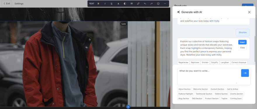 Pixpa AI Generated Text For Product Gallery Website editor with a blurred photo of man in a red jacket and blue hoodie and a sidebar pop-up with an AI text prompt.