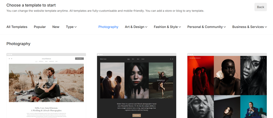 Pixpa Template Selection A selection of customizable website templates featuring layouts for photographers, showcasing portfolio and blog options.