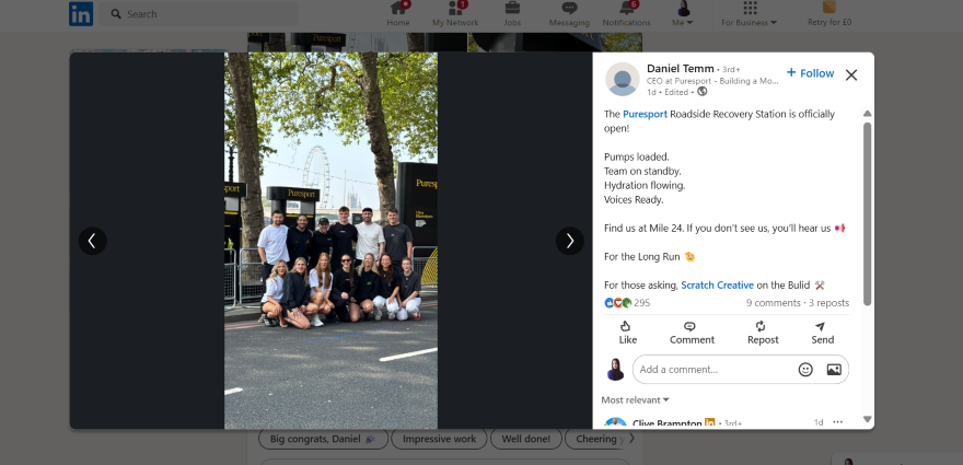 Puresport Roadside Recovery LinkedIn post of a work team standing outside and smiling for the group photo