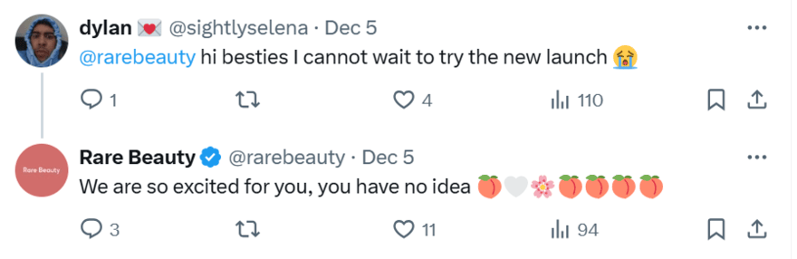 Rare Beauty community engagement X Rare Beauty responding to a customer in an X thread