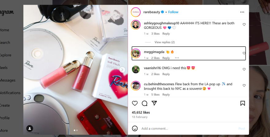 Rare Beauty Instagram Account Example Post from the Rare Beauty Instagram account featuring an item layout with two lipglosses