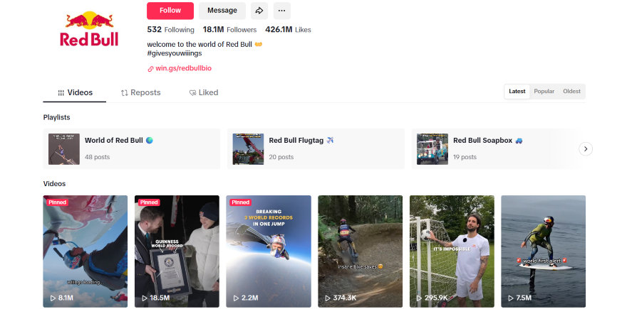 RedBull Repurposed Content TikTok Screenshot of RedBull TikTok account page with rectangle photo thumbnails