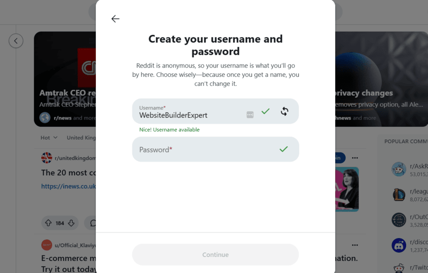 Reddit signup Reddit signup box pop up asking for a username and password