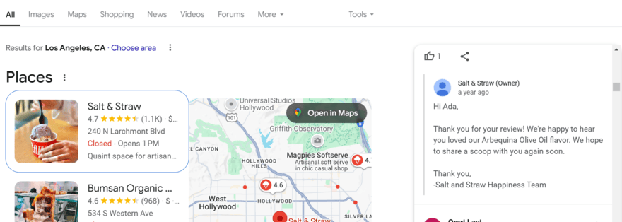 Salt & Straw business responding to a Google review