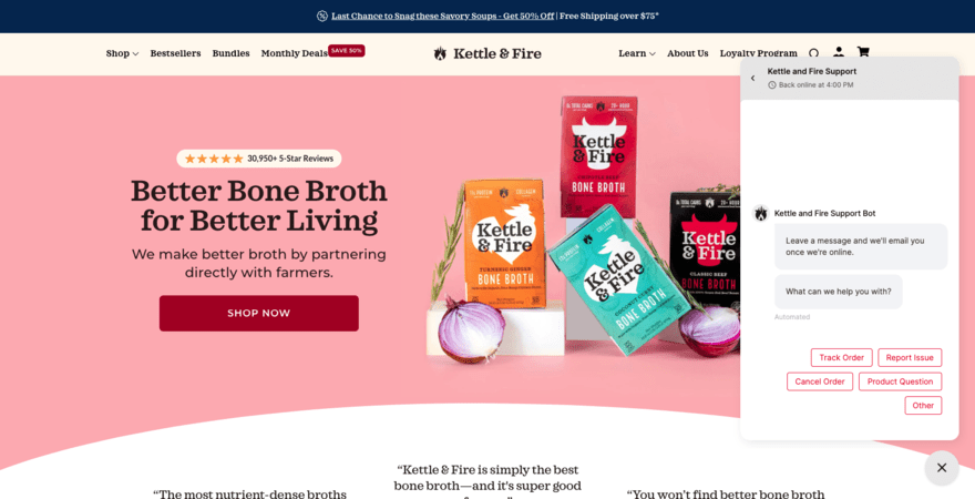Kettle & Fire website homepage with a live chat pop up to the right of the screen