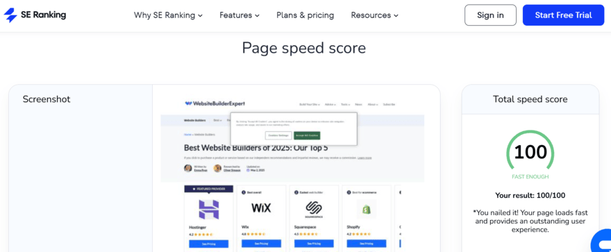 SE Ranking SE Ranking page speed score for WBE's Best Website Builder page