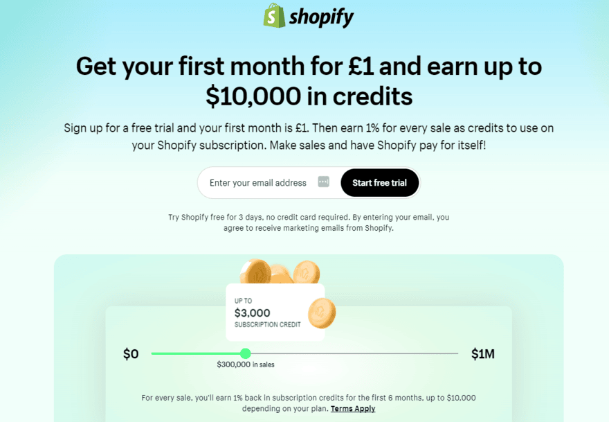 Shopify affiliate link page Shopify sign up page for its website builder