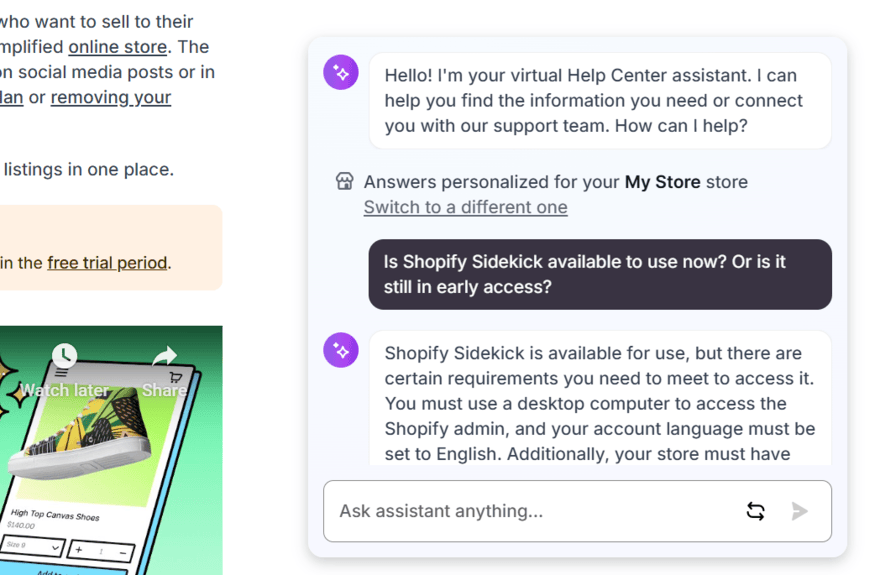 Shopify AI live chat Shopify's AI live chat being asked about Shopify Sidekick
