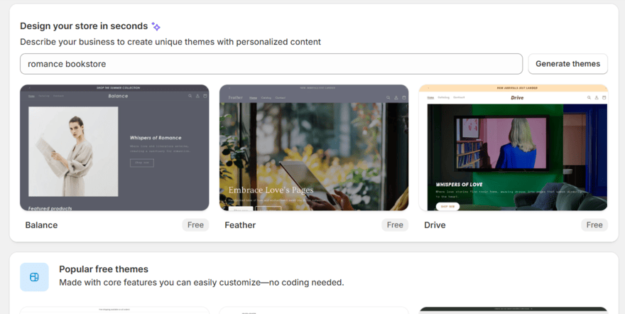 Shopify AI store setup Shopify's AI store setup showing 3 generated templates for a "romance bookstore" prompt