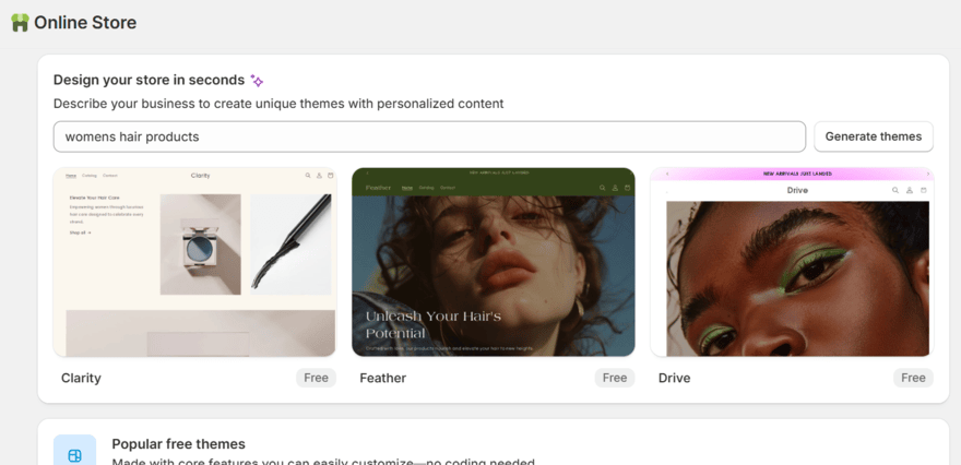 Shopify AI templates Shopify's AI generated templates for "womens hair products"