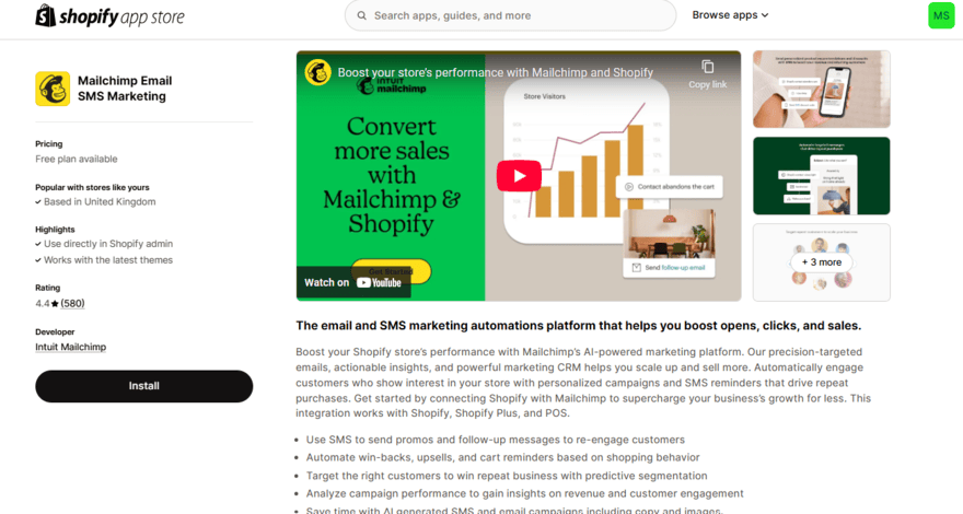 Shopify app store Mailchimp page in Shopify's app store