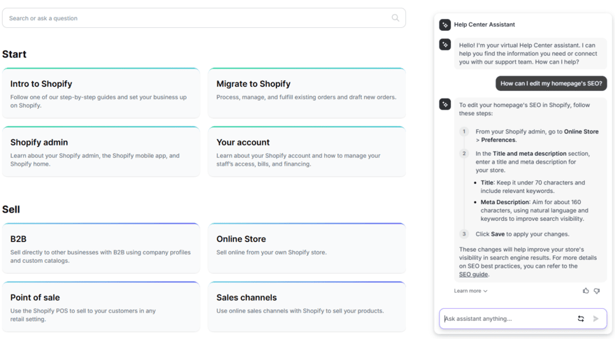 Shopify help center assistant Shopify help center with the AI assistant pop up on the right