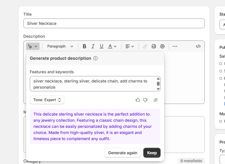 Shopify Magic product descriptions Shopify Magic generating product descriptions for a silver necklace