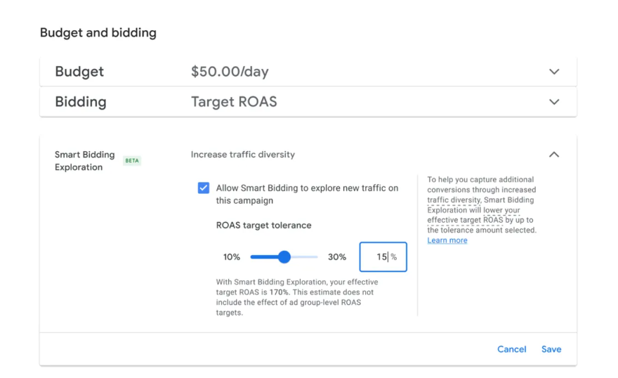 Smart Bidding Exploration Screenshot of Smart Bidding Exploration with an option to increase or decrease target ROAS