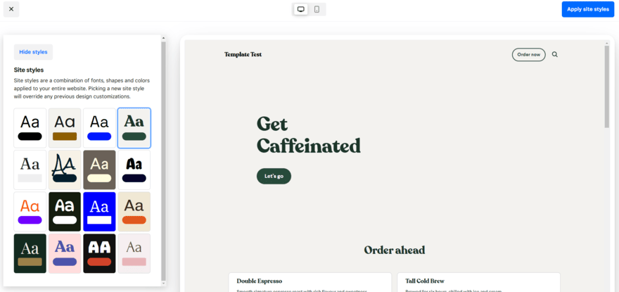 Square Online editor A grid of site styles to choose from in Square Online's website editor