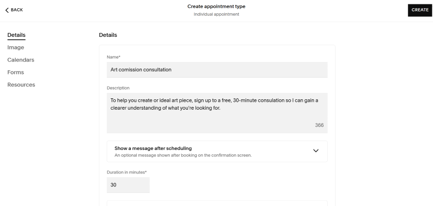 Squarespace Acuity creating booking types A form to create an individual art commission consultation appointment, detailing duration and description options.