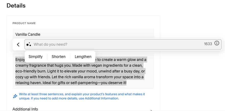 Squarespace AI product description Squarespace's AI text generator creating a product description about a vanilla candle