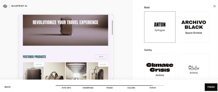 Squarespace Blueprint AI (2) Squarespace Blueprint AI step to choose a font type for your website