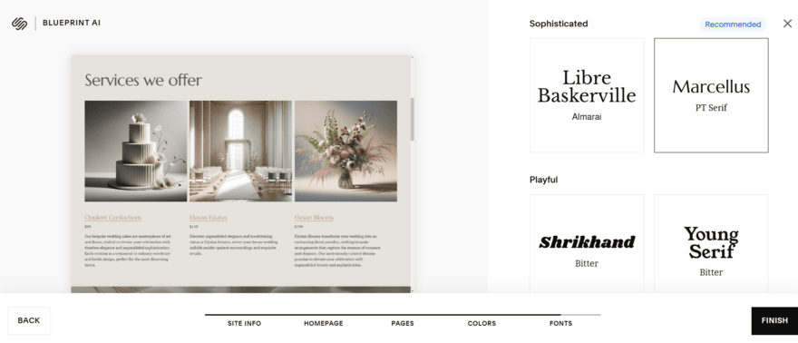 Squarespace Blueprint AI font (1) Squarespace Blueprint AI builder showing the step to choose a font type