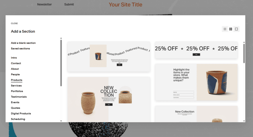Squarespace editor (3) Product section design options in Squarespace's editor