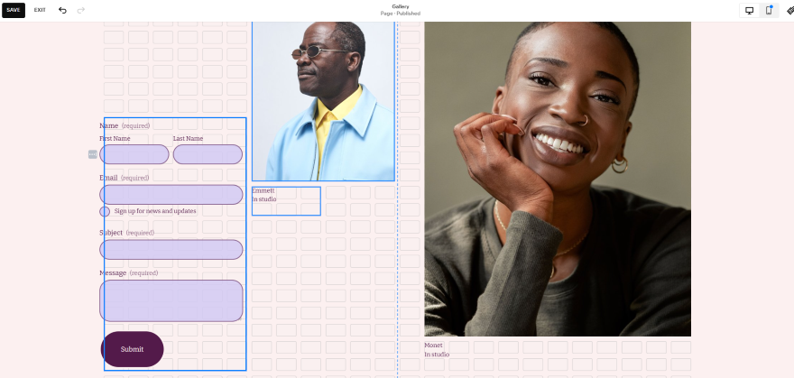 Squarespace port drag and drop A form for submitting information alongside a gallery image of a person in a studio setting. The layout features labeled fields to fill.